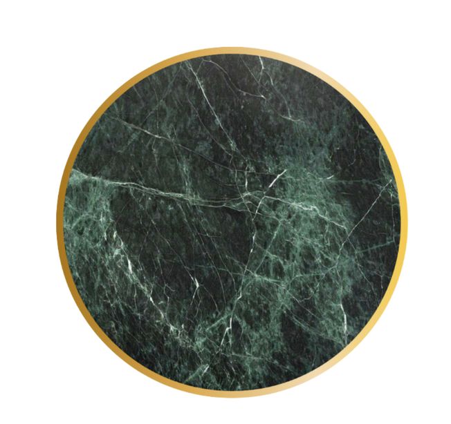mesa de mármol natural verde redonda con canto oro y pie parís