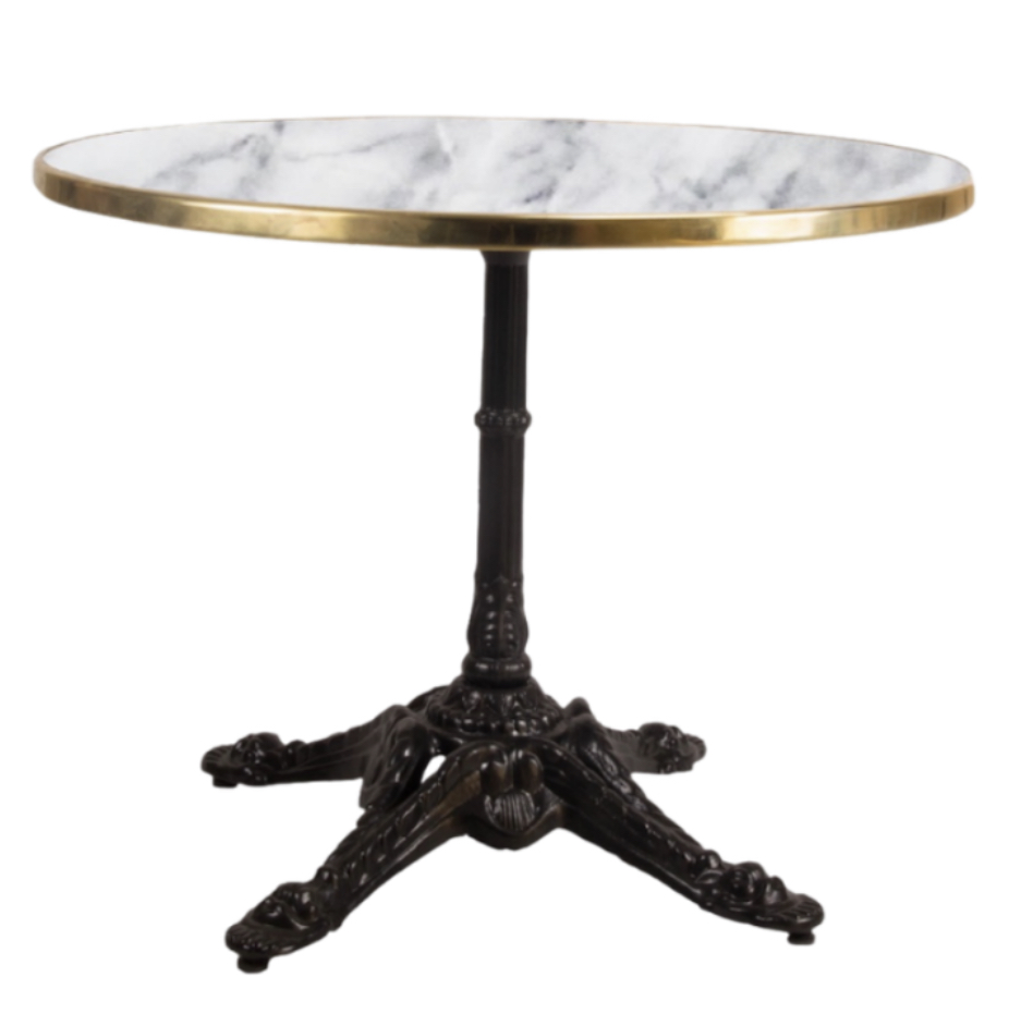 mesa de mármol redonda color blanco con beta y canto oro con pie parís