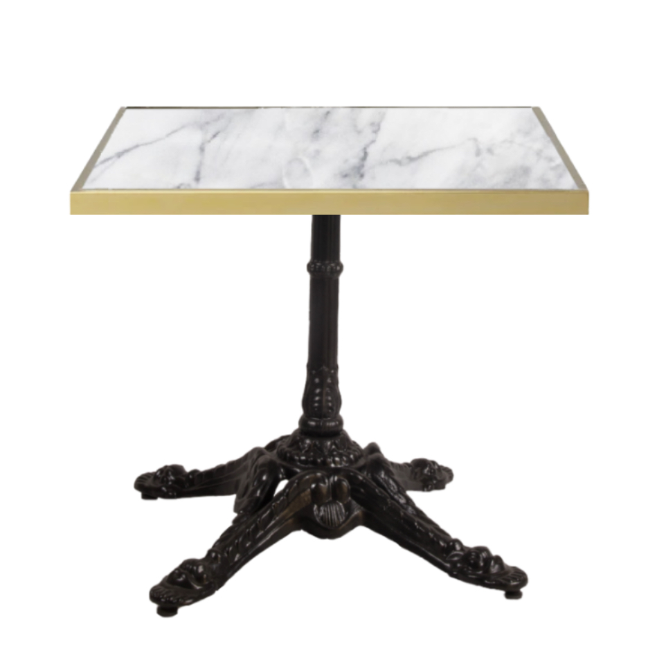 mesa de mármol blanco con betas canto oro y pie parís