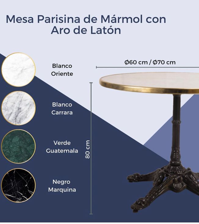 mesa de mármol redonda color blanco con canto oro y pie parís