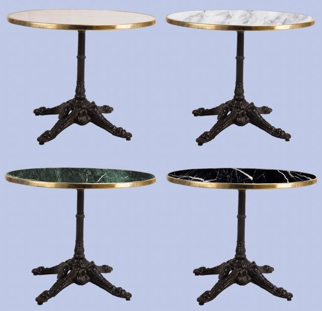 mesa de mármol redonda color blanco con beta y canto oro con pie parís