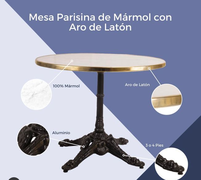 mesa de mármol redonda color blanco con beta y canto oro con pie parís